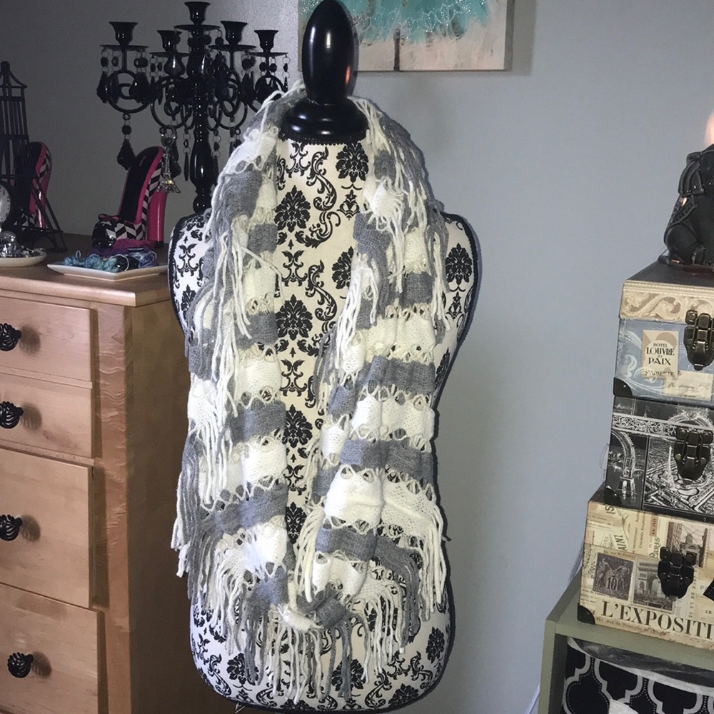 Grey and white stripe infinity scarf